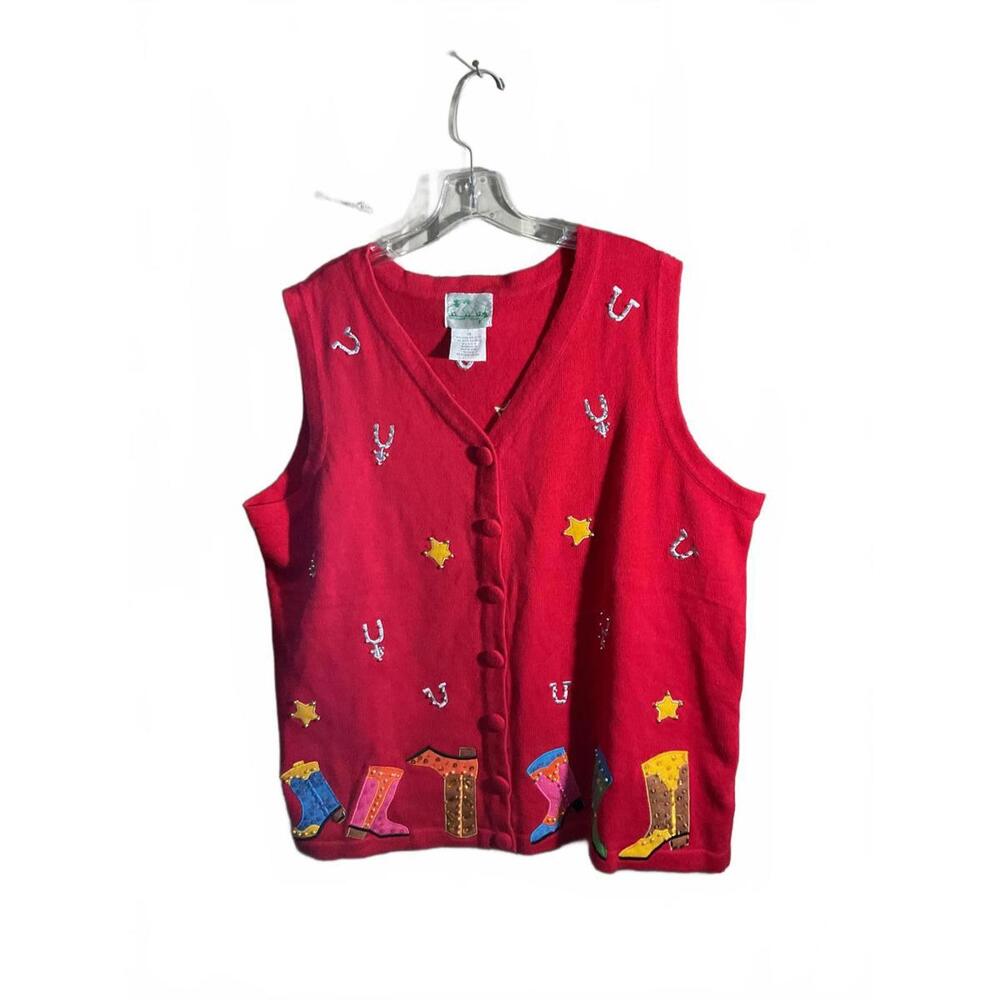 Vintage Quacker Factory Red Cowboy-Themed Vest With Colorful Embroidery 1x